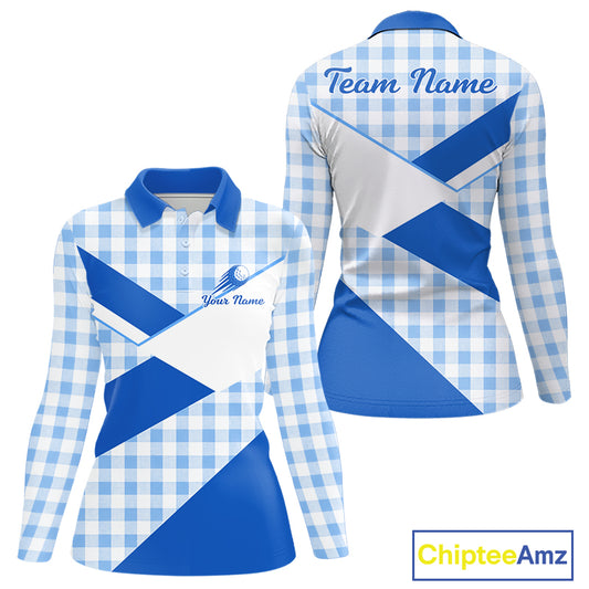 Custom Women’s Blue Gingham Plaid Golf Polo Shirts– Personalized Ladies Golf Apparel NHT718