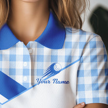 Load image into Gallery viewer, Custom Women’s Blue Gingham Plaid Golf Polo Shirts– Personalized Ladies Golf Apparel NHT718