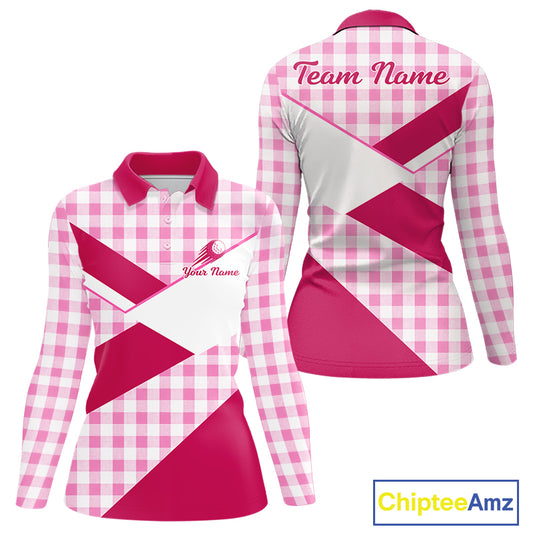 Custom Women’s Pink Gingham Plaid Golf Polo Shirts– Personalized Ladies Golf Apparel NHT719