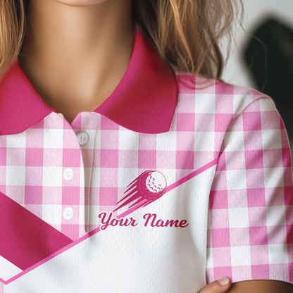 Custom Women’s Pink Gingham Plaid Golf Polo Shirts– Personalized Ladies Golf Apparel NHT719