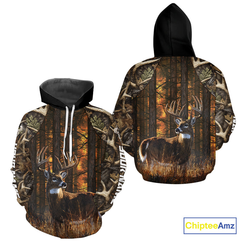 Whitetail Deer Hunting Custom Name All Over Print Shirts Big Buck Forest Camo Hunter Outdoor Gift NHT1365