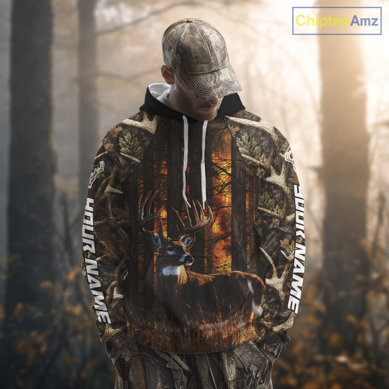 Whitetail Deer Hunting Custom Name All Over Print Shirts Big Buck Forest Camo Hunter Outdoor Gift NHT1365