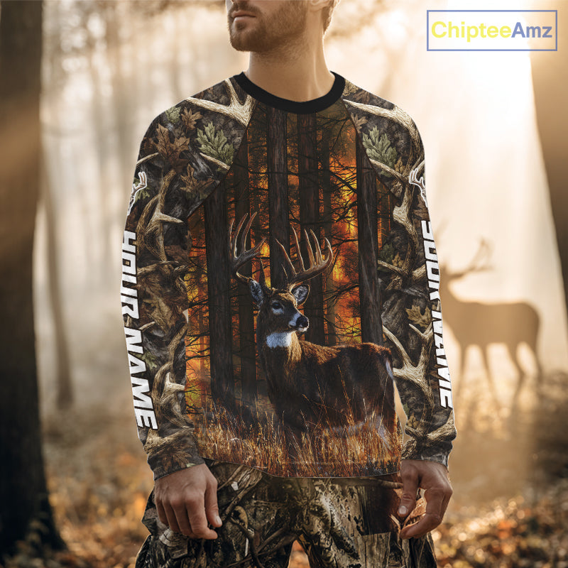 Whitetail Deer Hunting Custom Name All Over Print Shirts Big Buck Forest Camo Hunter Outdoor Gift NHT1365