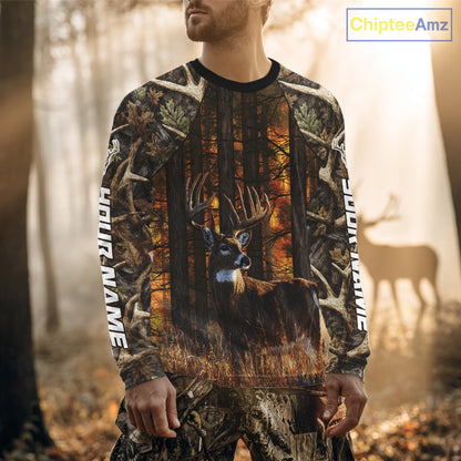 Whitetail Deer Hunting Custom Name All Over Print Shirts Big Buck Forest Camo Hunter Outdoor Gift NHT1365