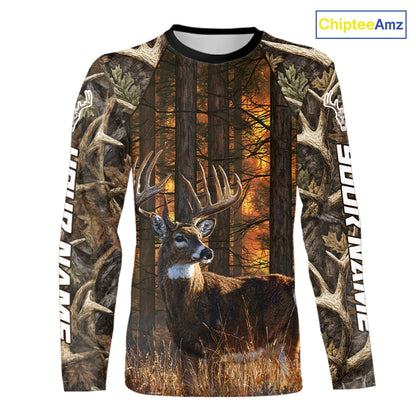 Whitetail Deer Hunting Custom Name All Over Print Shirts Big Buck Forest Camo Hunter Outdoor Gift NHT1365