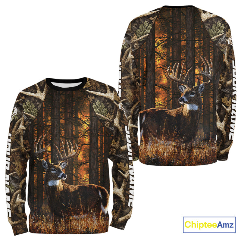 Whitetail Deer Hunting Custom Name All Over Print Shirts Big Buck Forest Camo Hunter Outdoor Gift NHT1365