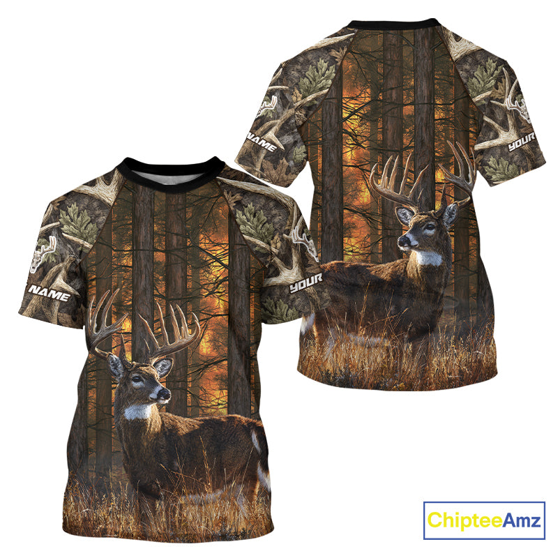 Whitetail Deer Hunting Custom Name All Over Print Shirts Big Buck Forest Camo Hunter Outdoor Gift NHT1365
