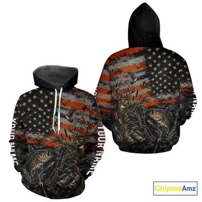 Hunting Fishing American Flag Whitetail Deer Largemouth Bass Outdoor Gift NHT1366
