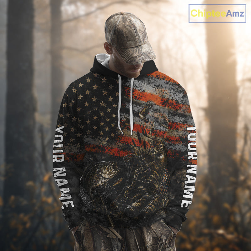 Hunting Fishing American Flag Whitetail Deer Largemouth Bass Outdoor Gift NHT1366