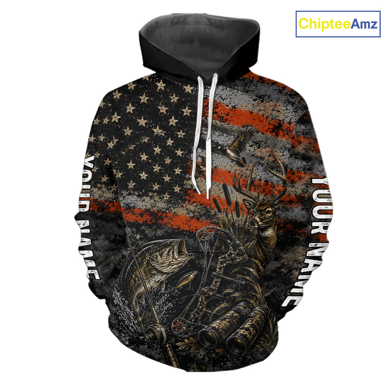 Hunting Fishing American Flag Whitetail Deer Largemouth Bass Outdoor Gift NHT1366