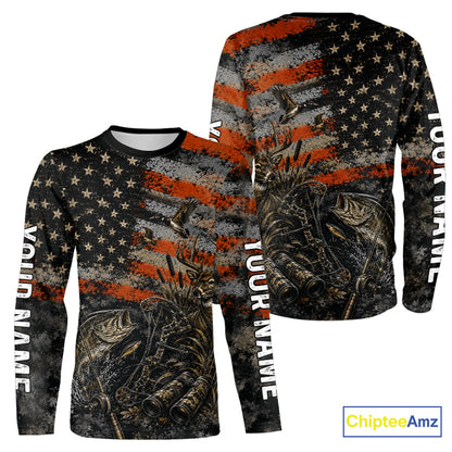 Hunting Fishing American Flag Whitetail Deer Largemouth Bass Outdoor Gift NHT1366