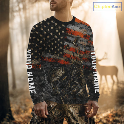 Hunting Fishing American Flag Whitetail Deer Largemouth Bass Outdoor Gift NHT1366