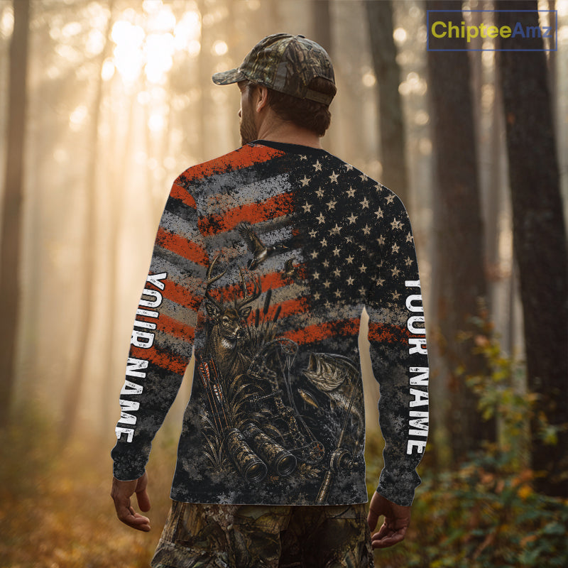 Hunting Fishing American Flag Whitetail Deer Largemouth Bass Outdoor Gift NHT1366
