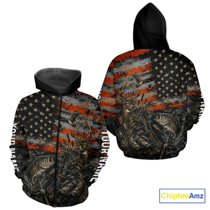 Hunting Fishing American Flag Whitetail Deer Largemouth Bass Outdoor Gift NHT1366
