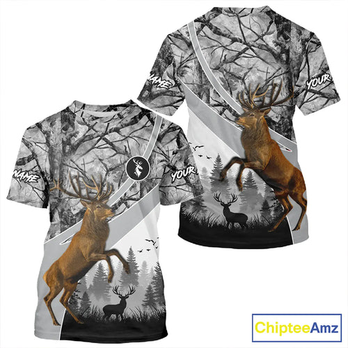 Red Deer Hunting Camo Gray Custom Name 3D All Over Print Shirt, Deer Hunting Shirt NHT211