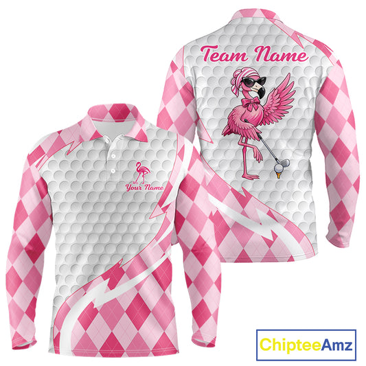 Pink Argyle Plaid Pattern Funny Flamingo Golf Wine Mens Golf Polos Shirt Custom Funny Golf Shirt For Ladies NHT738