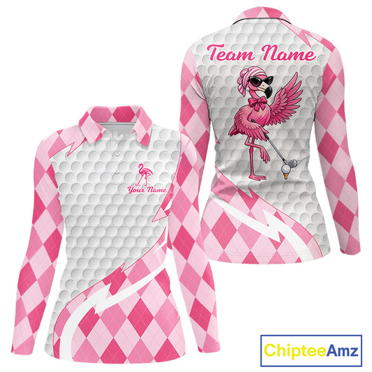 Pink Argyle Plaid Pattern Funny Flamingo Golf Wine Womens Golf Polos Shirt Custom Funny Golf Shirt For Ladies NHT738