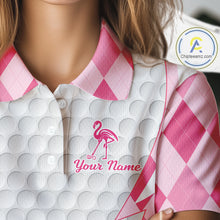Load image into Gallery viewer, Pink Argyle Plaid Pattern Funny Flamingo Golf Wine Womens Golf Polos Shirt Custom Funny Golf Shirt For Ladies NHT738