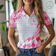 Load image into Gallery viewer, Pink Argyle Plaid Pattern Funny Flamingo Golf Wine Womens Golf Polos Shirt Custom Funny Golf Shirt For Ladies NHT738