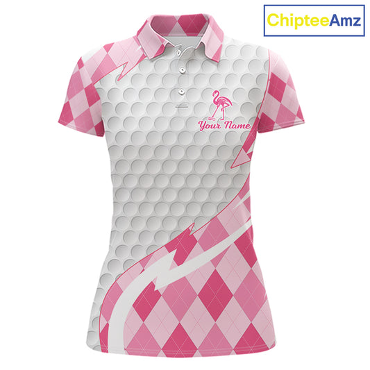 Pink Argyle Plaid Pattern Funny Flamingo Golf Wine Womens Golf Polos Shirt Custom Funny Golf Shirt For Ladies NHT738