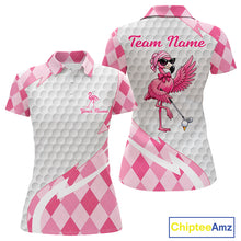 Load image into Gallery viewer, Pink Argyle Plaid Pattern Funny Flamingo Golf Wine Womens Golf Polos Shirt Custom Funny Golf Shirt For Ladies NHT738