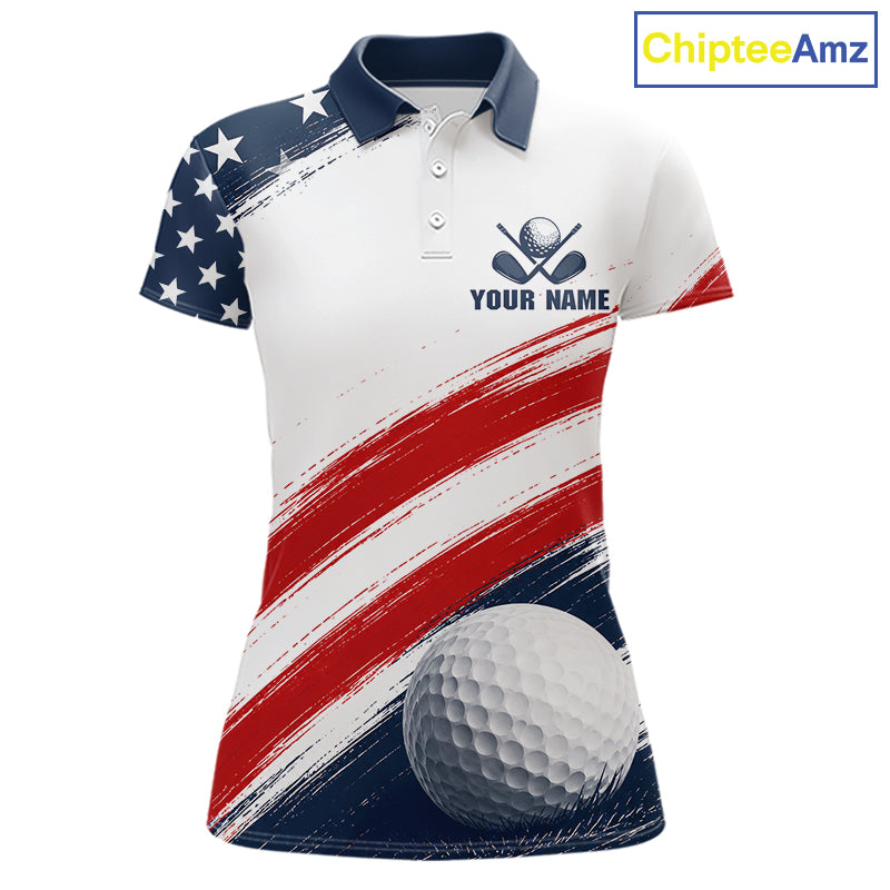Custom USA Flag Womens Golf Polo Shirt – Patriotic Golf Polo With Personalized Name 
