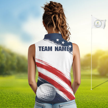 Custom USA Flag Womens Sleeveless Golf Polo Shirt – Patriotic Golf Polo With Personalized Name 
