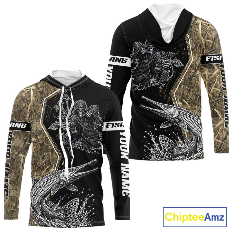 Bowfishing Shirt With Grim Reaper & Alligator Gar Fish Camo Design, Fishing Shirts Hooded For Men NHT1372
