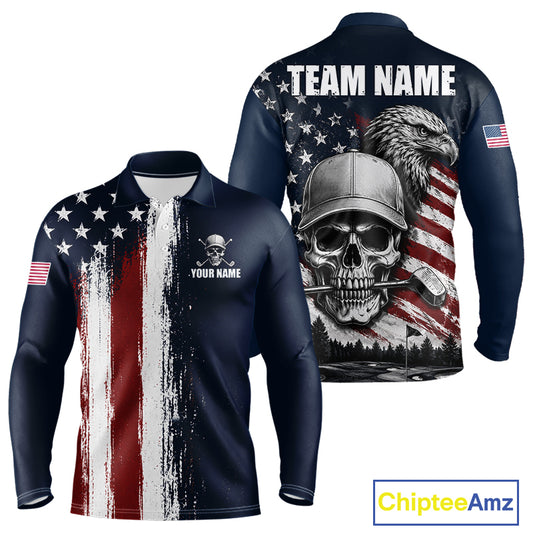 Personalized Skull Eagle Mens Golf Polo Shirt American Flag Patriotic Golf Shirt Custom Name 