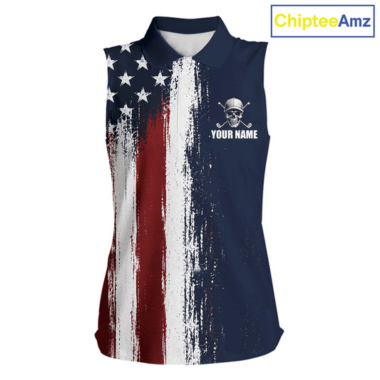Personalized Skull Eagle Womens Sleeveless Golf Polo Shirt American Flag Patriotic Golf Shirt Custom Name 
