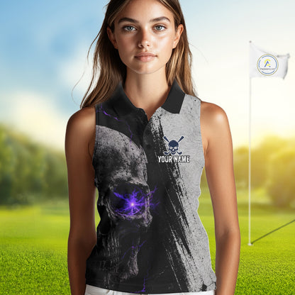 Personalized Skull Womens Sleeveless Golf Polo Shirt Purple Lightning Custom Team Name Golf Shirt 