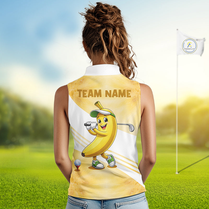 Funny Banana Womens Sleeveless Golf Polo Shirt Custom Name – Cute Banana Golfer Golf Polo 