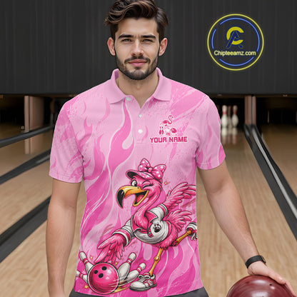 A man wearing a pink short-sleeve bowling-themed polo shirt with a flamingo graphic and 'YOUR NAME' text, standing in a bowling alley while holding a bowling ball. A Chipteamz.