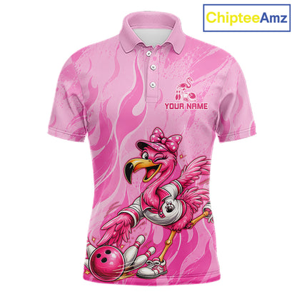 A pink short-sleeve polo shirt with a flamingo bowling graphic and a customizable name print on the chest, shown on a white background with a ChipteeAmz logo in the top right corner.