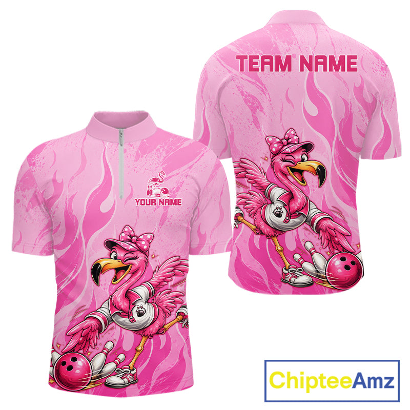 A pink short-sleeve athletic quarter-zip shirt shown from both front and back, featuring a cartoon flamingo bowling graphic and customizable text placeholders. The ChipteeAmz logo appears in the bottom right corner.