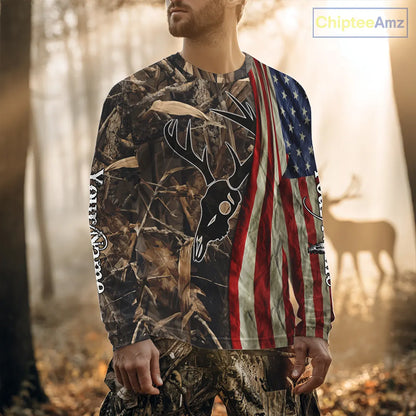 Skull Deer Hunting Shirt-Personalized US Flag Camouflage, Best Hunting Hoodie For Hunter NHT364