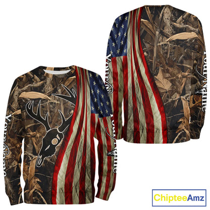 Skull Deer Hunting Shirt-Personalized US Flag Camouflage, Best Hunting Hoodie For Hunter NHT364