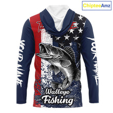 Load image into Gallery viewer, Walleye Custom US Flag Hooded Long Sleeve Shirt, Men's Fishing Shirt NHT412