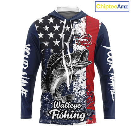 Walleye Custom US Flag Hooded Long Sleeve Shirt, Men's Fishing Shirt NHT412