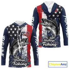 Load image into Gallery viewer, Walleye Custom US Flag Hooded Long Sleeve Shirt, Men's Fishing Shirt NHT412