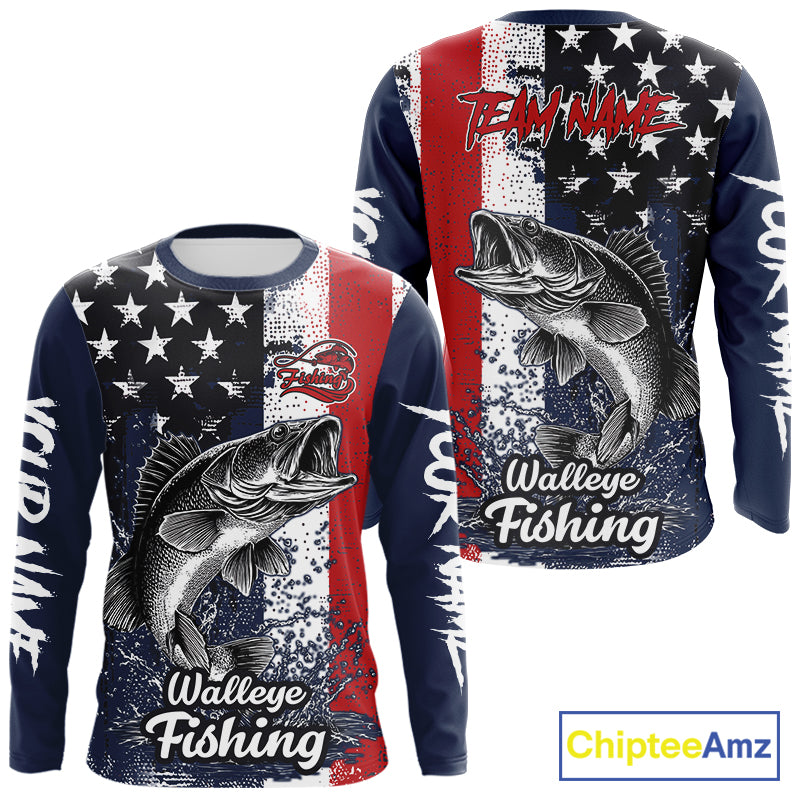 Walleye Custom US Flag Long Sleeve Fishing Shirt, Men's Fishing Shirt NHT412