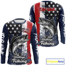 Load image into Gallery viewer, Walleye Custom US Flag Long Sleeve Fishing Shirt, Men's Fishing Shirt NHT412