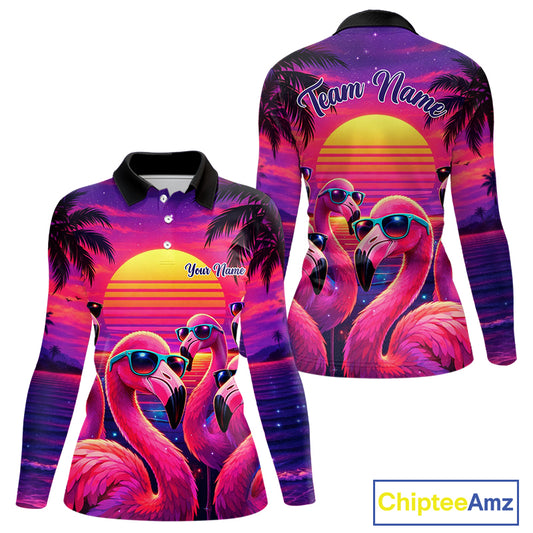 Custom Neon Flamingo Paradise Womens Golf Shirt Polo, Cool Flamingo Golf Team Outfits NHT548