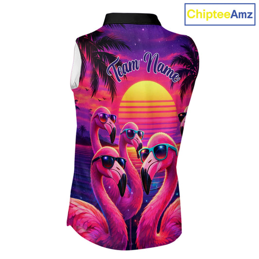 Custom Neon Flamingo Paradise Womens Sleeveless Golf Shirt Polo, Cool Flamingo Golf Team Outfits NHT548