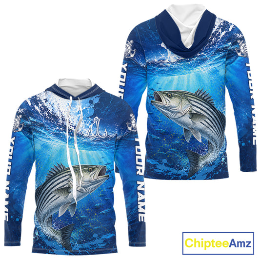 Striped Bass Fishing Jersey Ocean Blue 3D All Over Print Long Sleeve Hooded Performance Shirt NHT1084