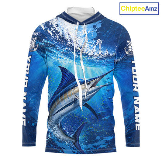 Marlin Fishing Jersey Ocean Blue 3D All Over Print Long Sleeve Hooded Performance Shirt NHT1085