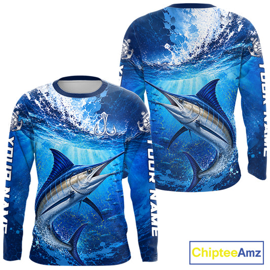 Marlin Fishing Jersey Ocean Blue 3D All Over Print Long Sleeve Performance Shirt 