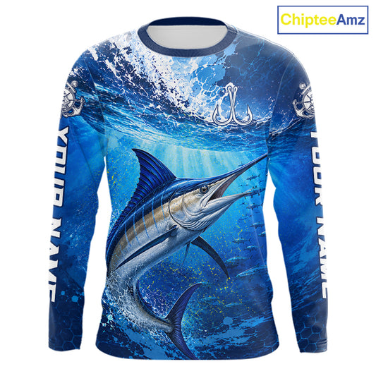 Marlin Fishing Jersey Ocean Blue 3D All Over Print Long Sleeve Performance Shirt 