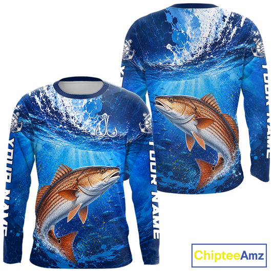 Redfish (Red Drum) Fishing Jersey Ocean Blue 3D All Over Print Long Sleeve Performance Shirt 