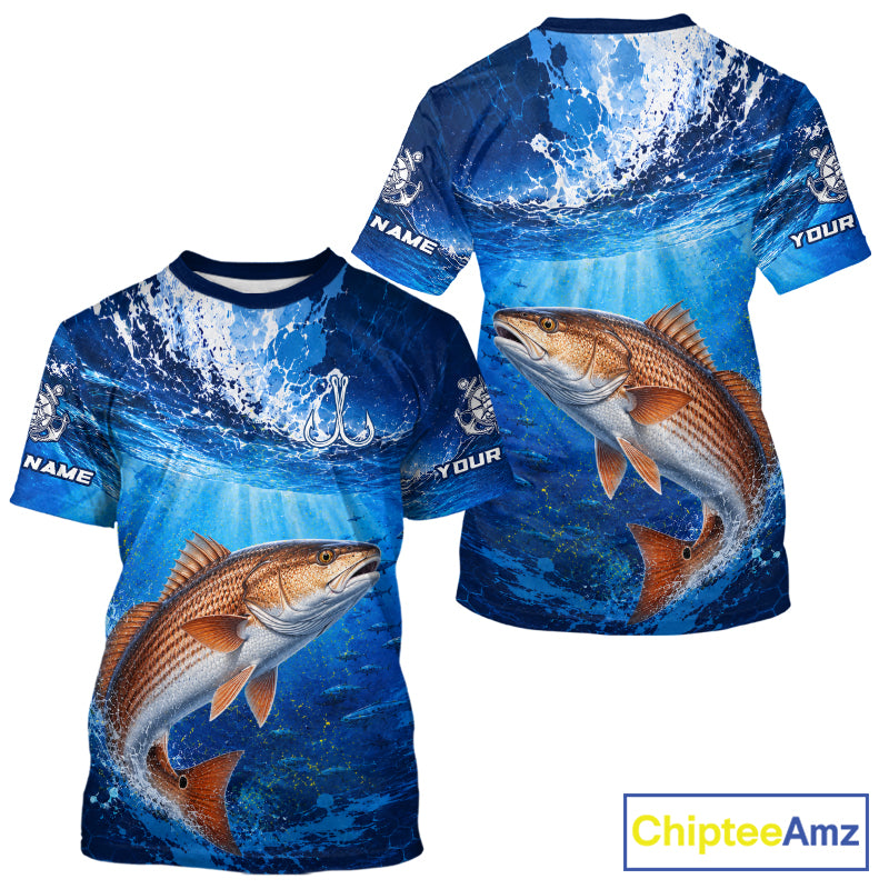 Redfish (Red Drum) Short Sleeve T-Shirt Ocean Blue 3D All Over Print Performance Shirt 